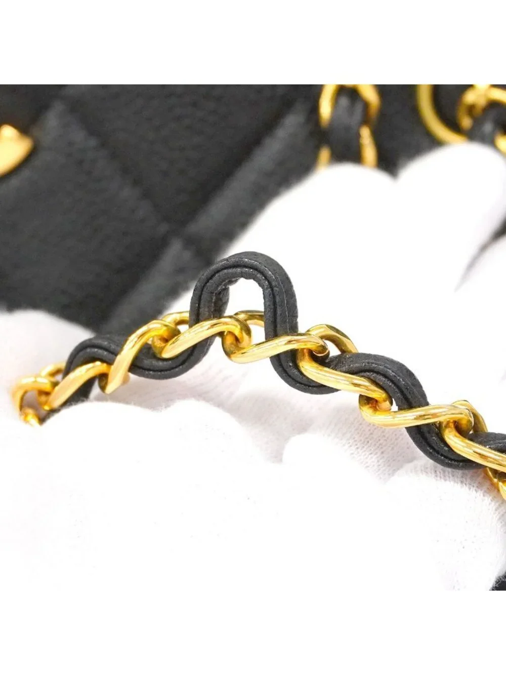 Chanel Chain Tote Bag Quilted Caviar Leather Black Gold